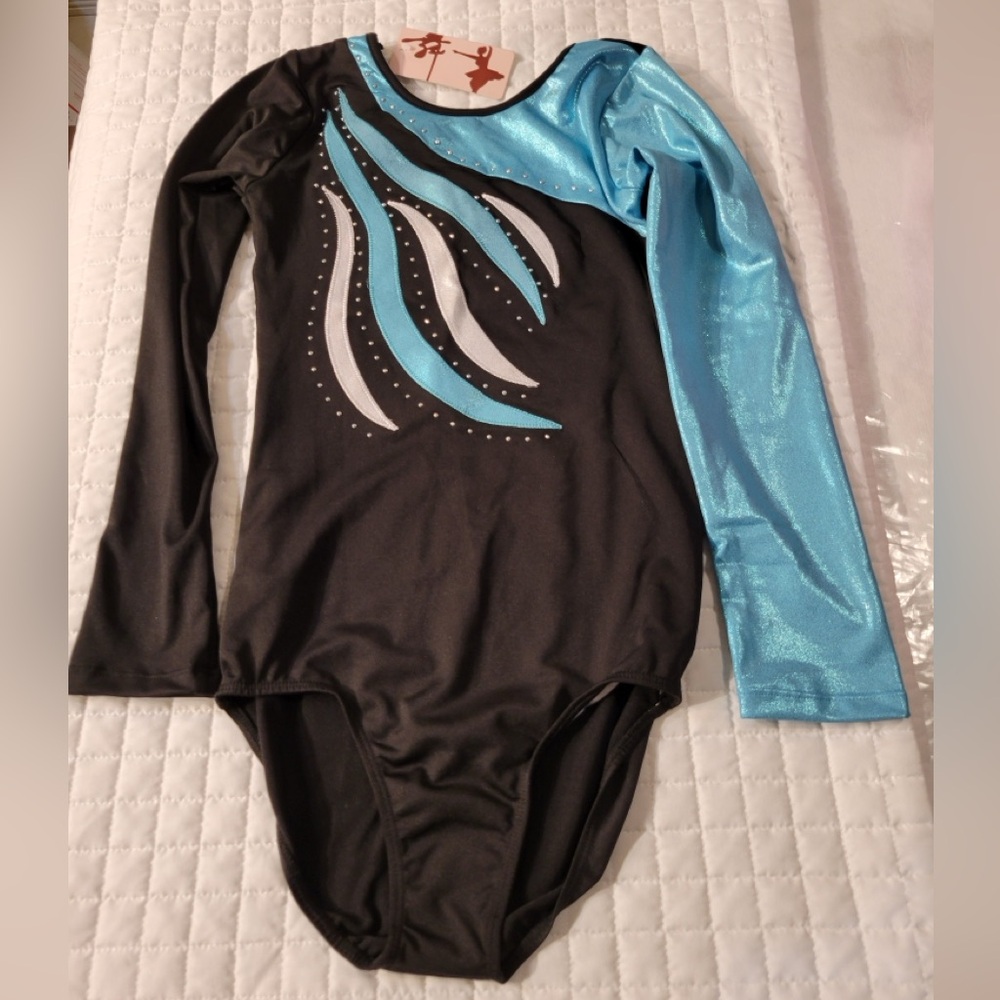Girls‎ Long Sleeve White Blue Waves Dance Gymnastics Black Leotard Sparkle Shine